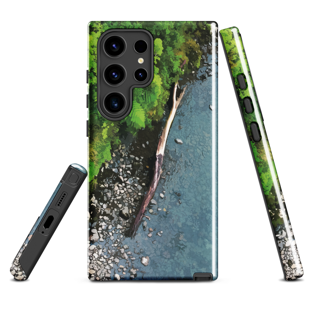 Resting Place phone case with aerial artwork of river rocks, green bush, and driftwood in a New Zealand stream.