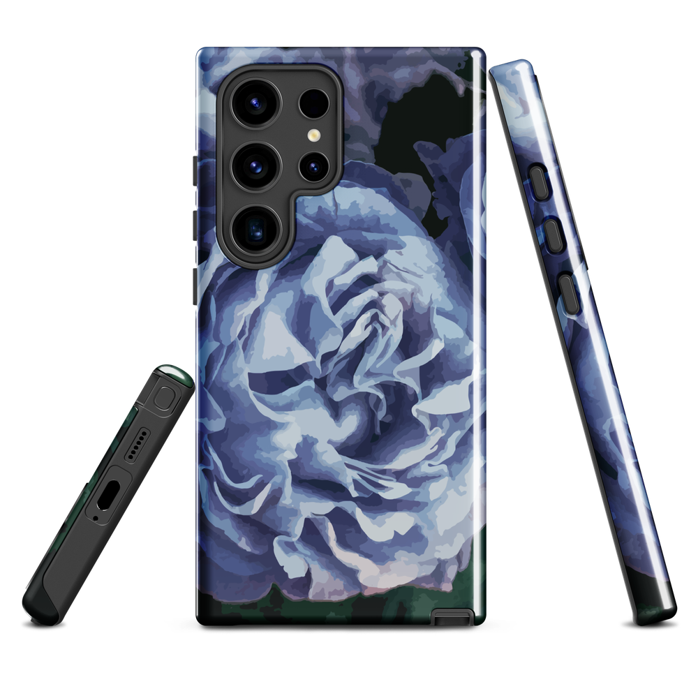 Designer phone case with a bold blue rose artwork and glossy finish.