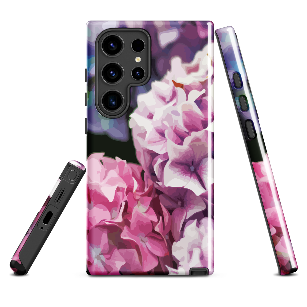 Designer phone case with pink and purple hydrangea floral artwork.