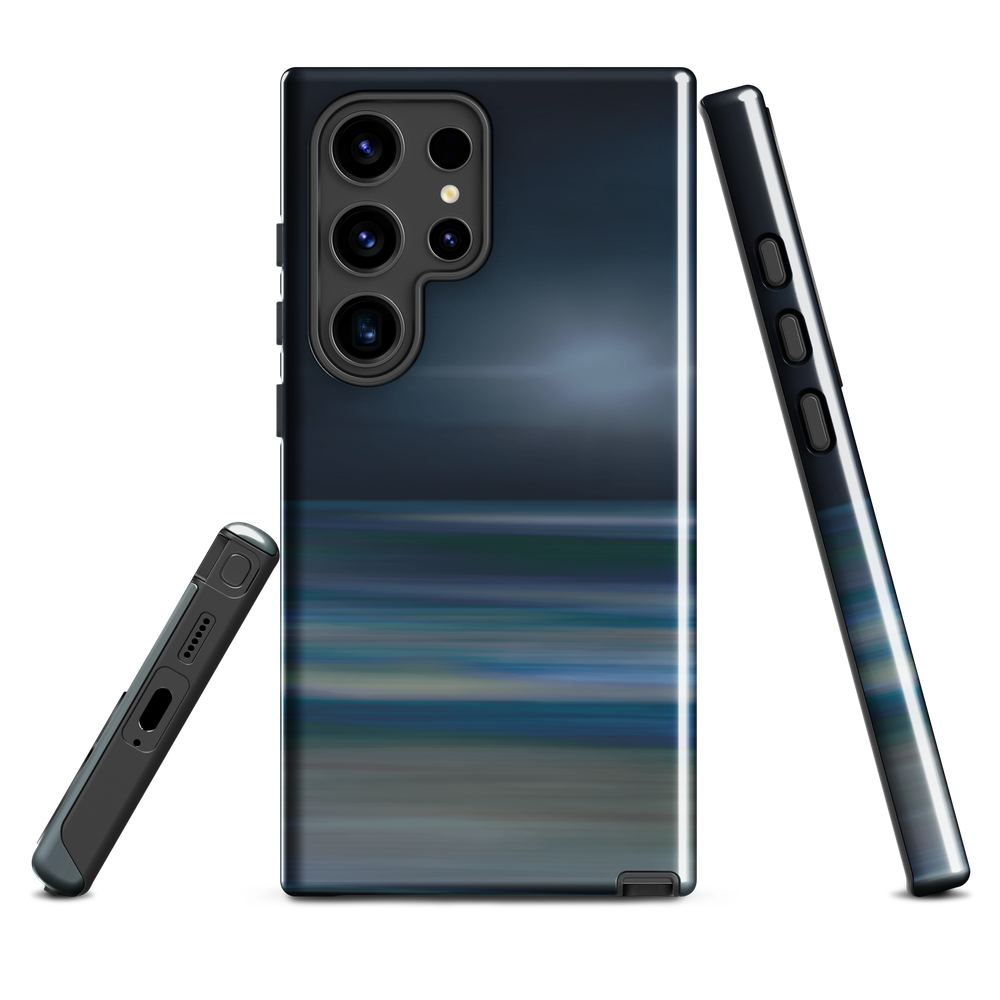Dark abstract phone case with blue and grey streaks and glossy finish.