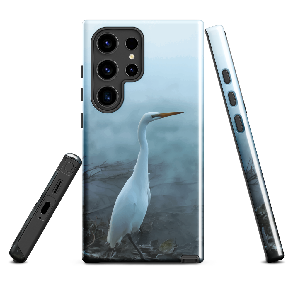 Phone case with a white heron standing in a misty wetland scene.