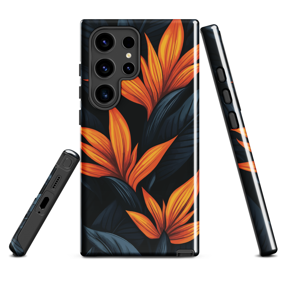 Phone case with bold orange bird of paradise flowers on dark background.