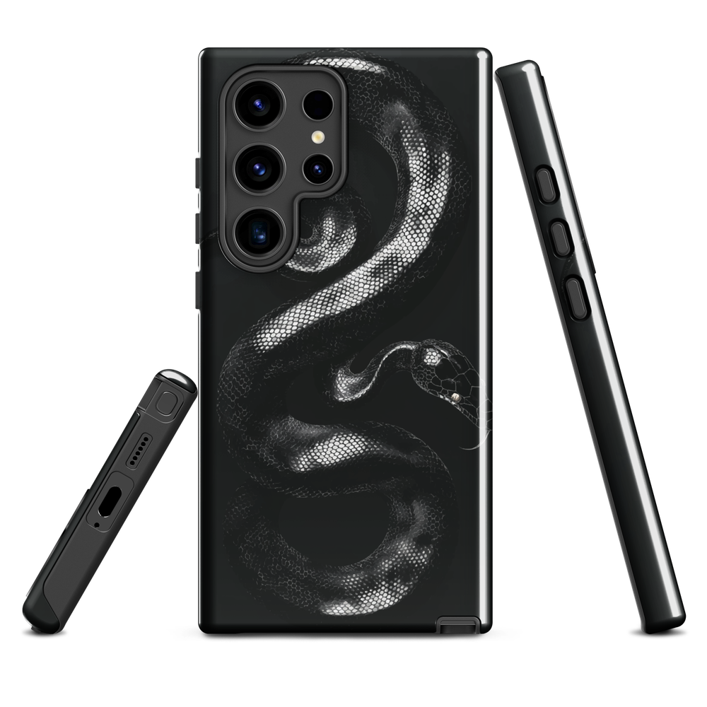 Phone case with detailed black python design on dark background.