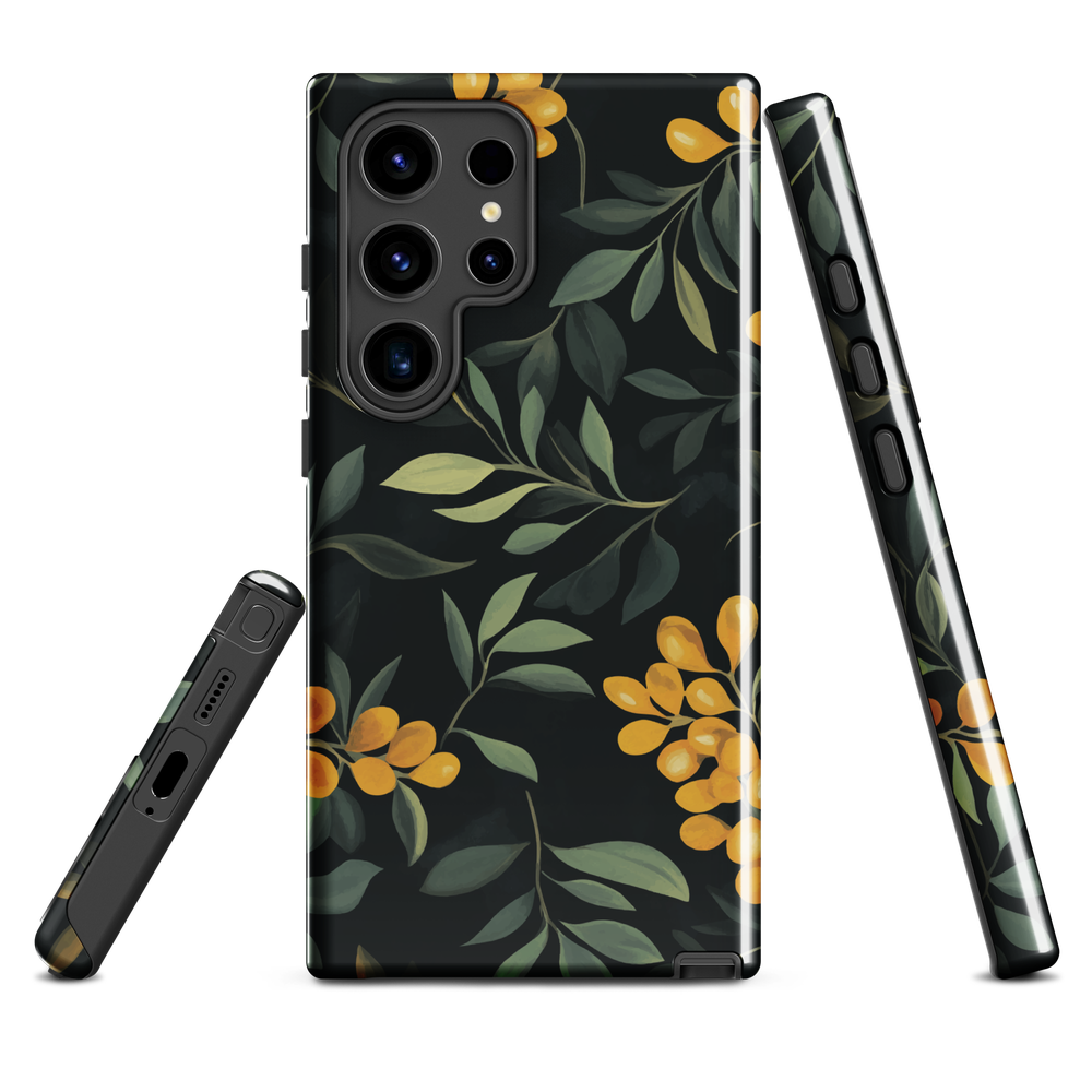 NZ Kowhai phone case with native yellow floral and green leaves on black background by designer Ben Hart.