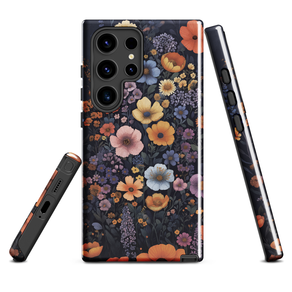 Phone case with colourful wildflowers on dark background, floral art design