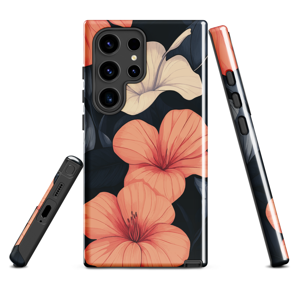 Phone case with coral hibiscus flowers and ivory blooms on dark background