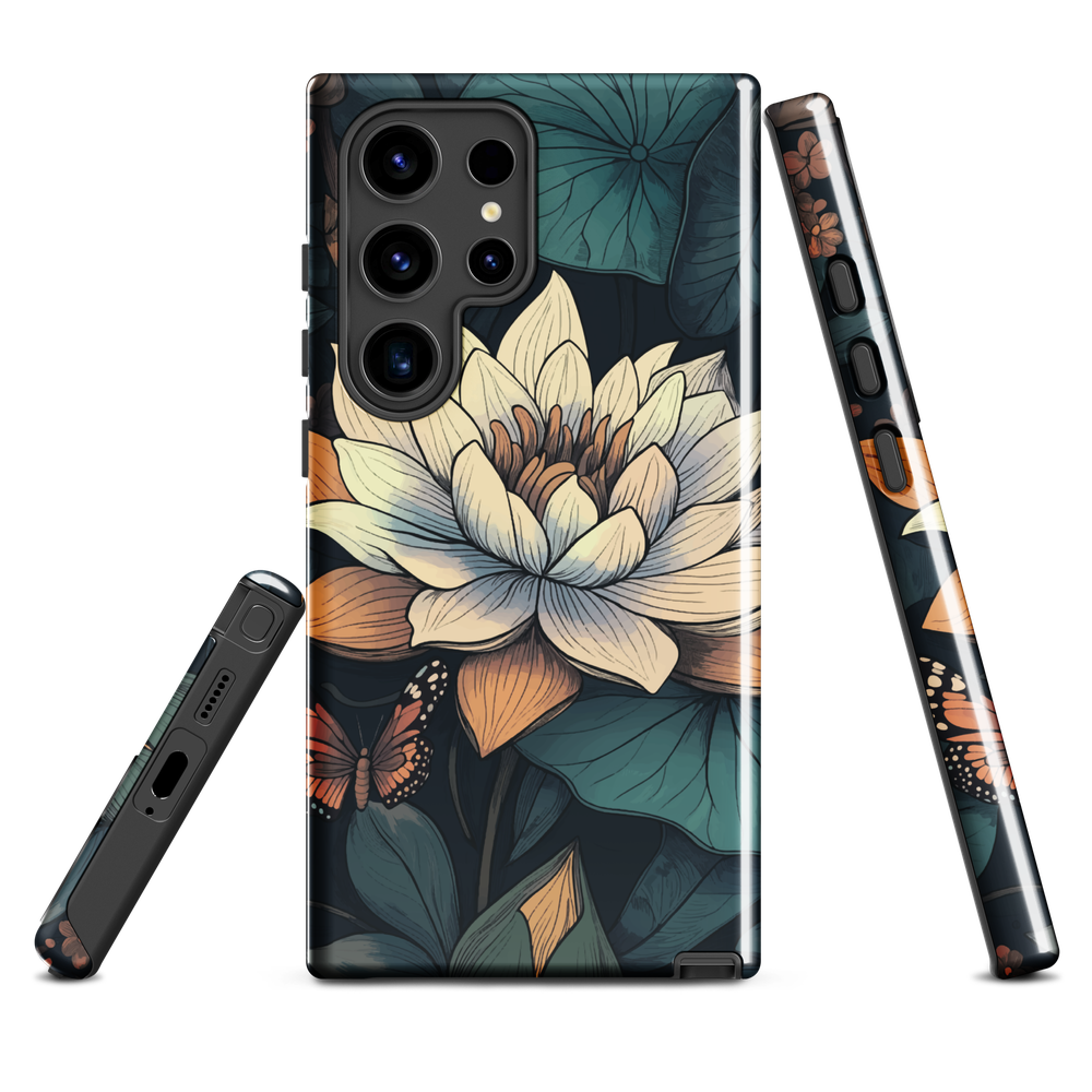 Phone case with ivory water lily, green leaves, and butterfly accents on dark background