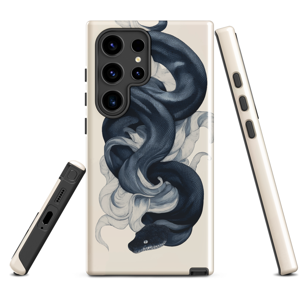 Phone case with black python and smoke design on cream background, serpent art by NZ artist Ben Hart.