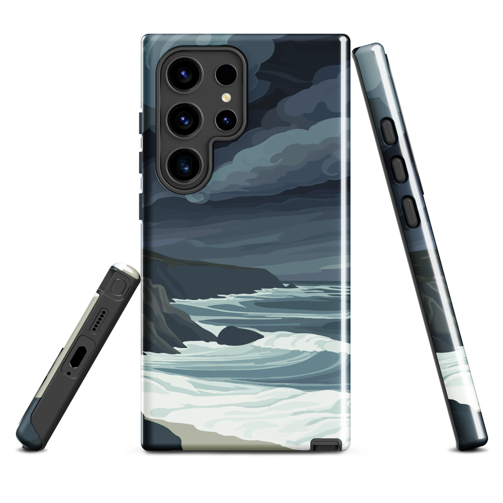 Phone case featuring moody Cape Kidnappers coastline with crashing waves and dark skies