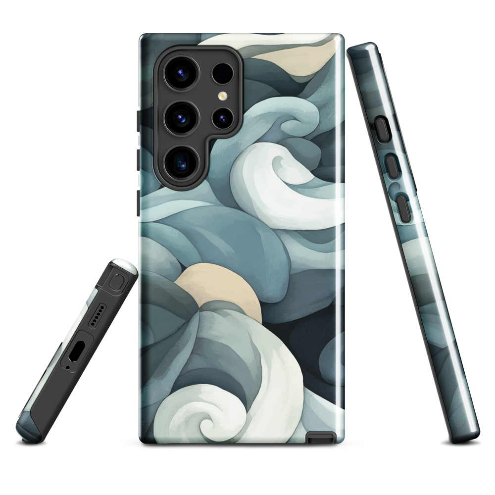 Phone case with abstract swirling ocean waves in blue and cream