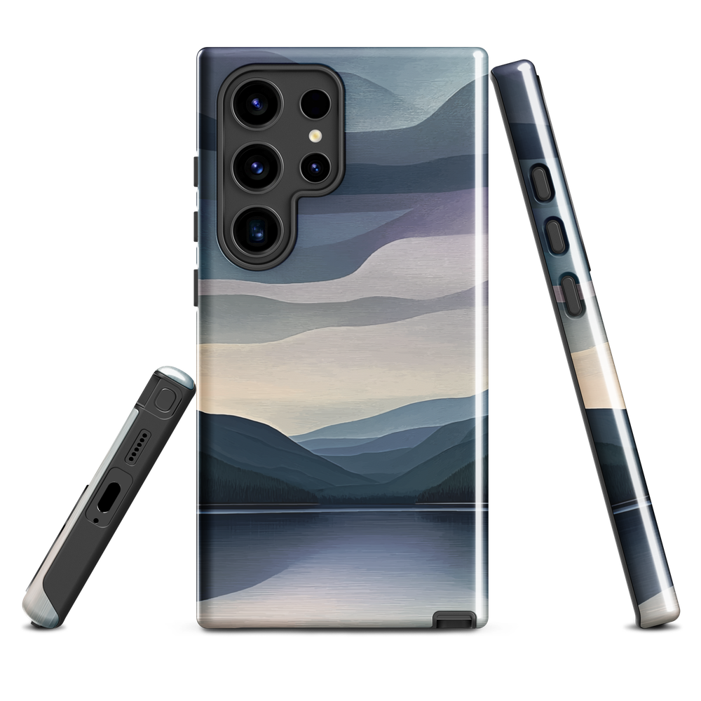 Phone case with moody blue and purple layered mountain and lake landscape artwork