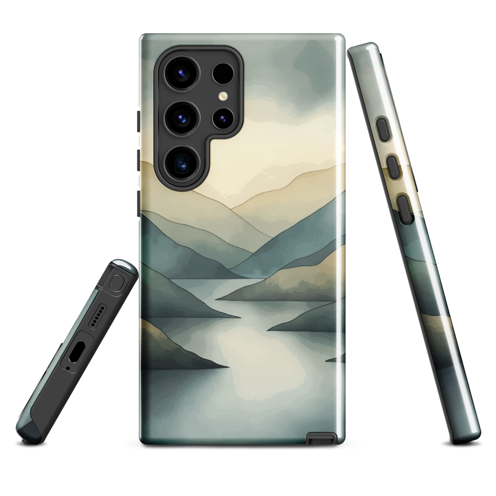 Phone case with soft mountain and valley design in misty green, blue, and golden tones