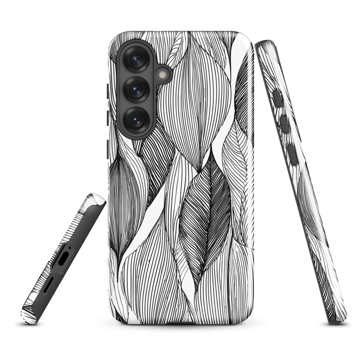 A minimalist phone case featuring fine black botanical linework in a repeating leaf pattern.