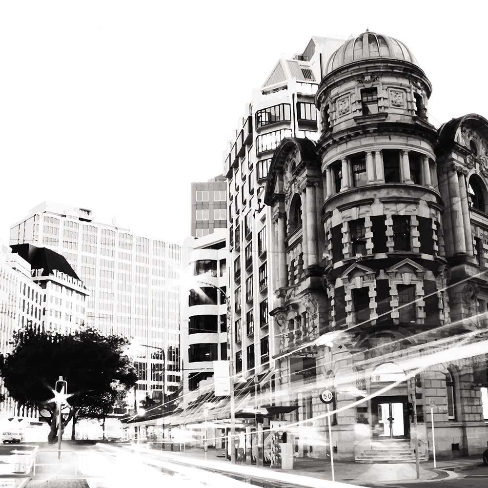 Wellington’s Public Trust Building in bold black and white with city light trails in Public Trust by NZ designer Ben Hart.