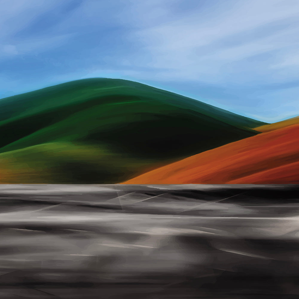 Vibrant artwork of abstract hills and a shimmering road, capturing the feel of a hot summer day in New Zealand.