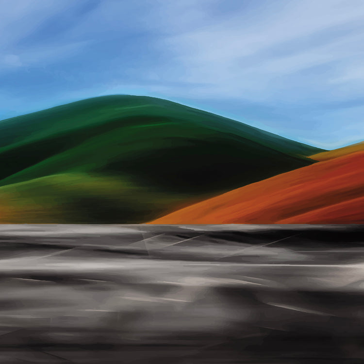 Vibrant artwork of abstract hills and a shimmering road, capturing the feel of a hot summer day in New Zealand.