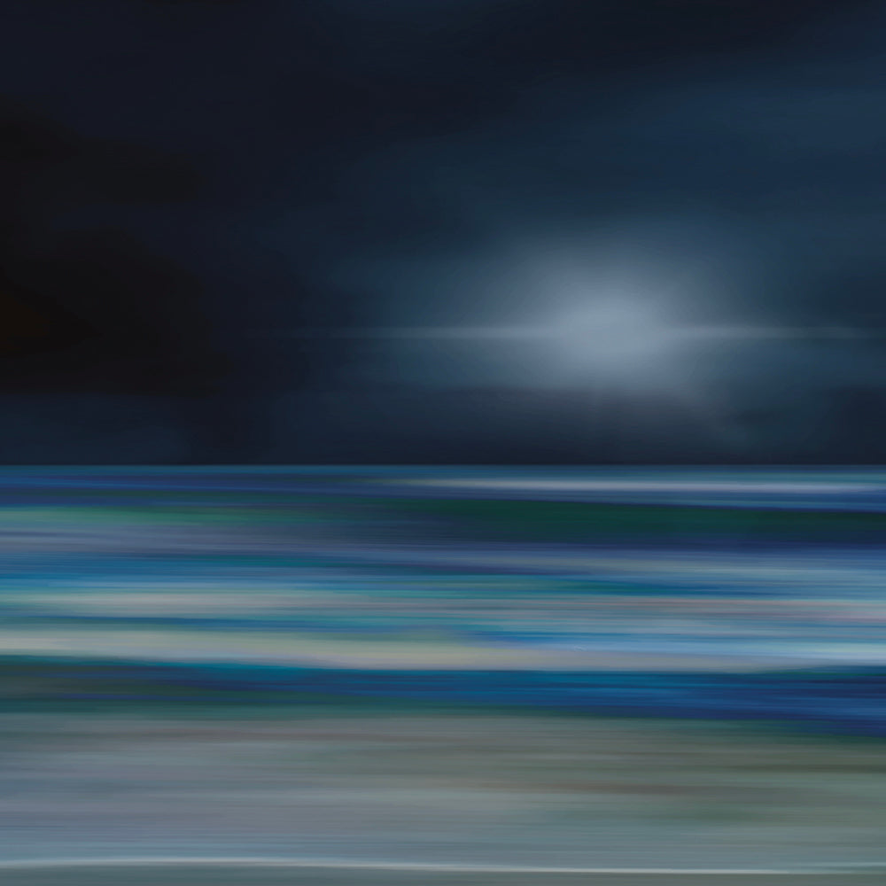 Moody artwork of an abstract sea with dark skies and light on the horizon, evoking calm and quiet transformation.