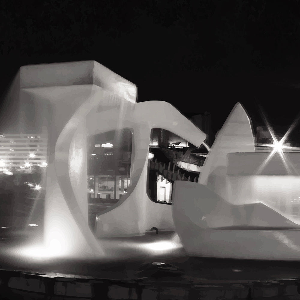 Monochrome artwork of Wellington’s Albatross Fountain lit at night, featuring bold sculptural lines and soft lighting.