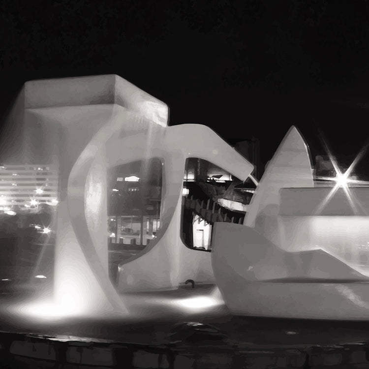 Monochrome artwork of Wellington’s Albatross Fountain lit at night, featuring bold sculptural lines and soft lighting.