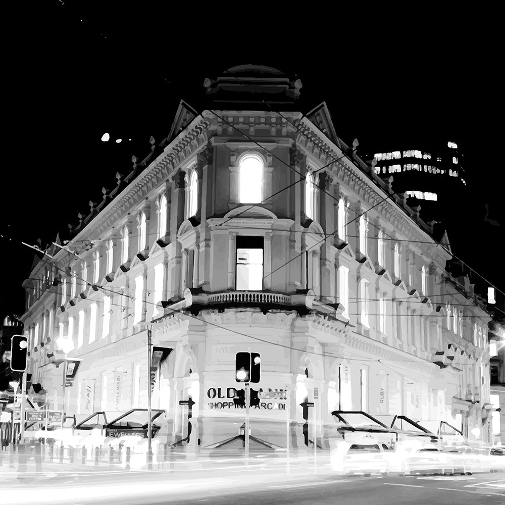 Monochrome artwork of Wellington’s Old Bank Arcade lit up at night, with glowing windows and a classic architectural facade.