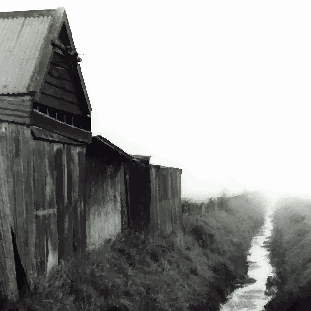 Moody artwork of a rustic barn and misty stream in rural New Zealand, evoking stillness and foggy morning light.