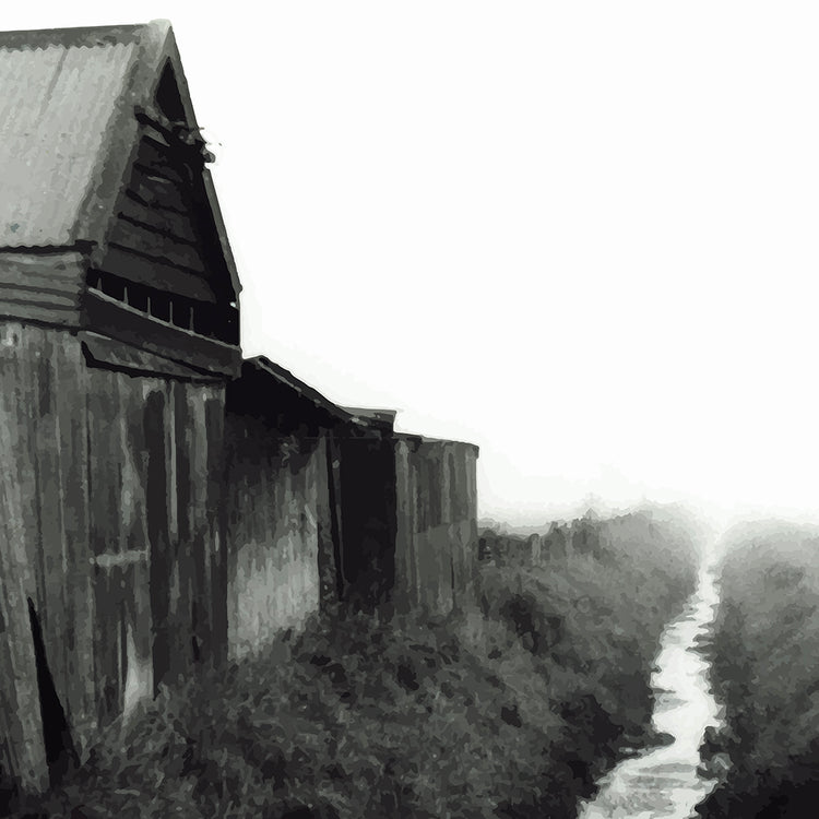 Moody artwork of a rustic barn and misty stream in rural New Zealand, evoking stillness and foggy morning light.