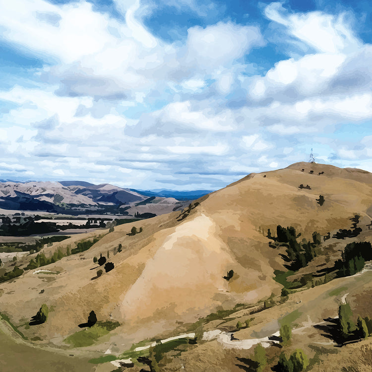 Artwork of Tauweru’s rolling hills under a bright sky, capturing the warmth and openness of the Wairarapa landscape.