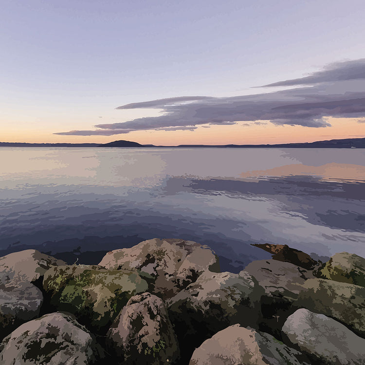 Peaceful Lake Rotorua view with mossy rocks and soft pastel reflections in Calm Waters by NZ artist Ben Hart.