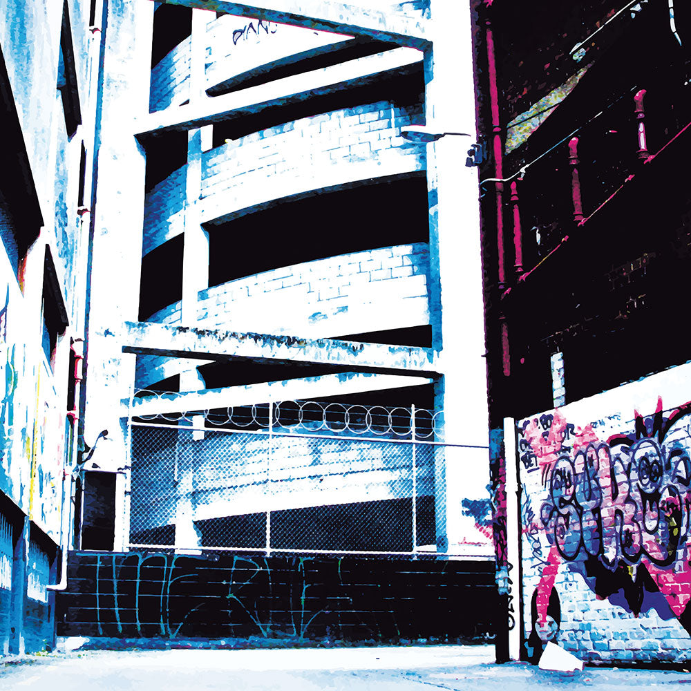 Urban artwork of graffiti alley and spiral concrete ramp in vivid blues and reds, full of contrast and street character.
