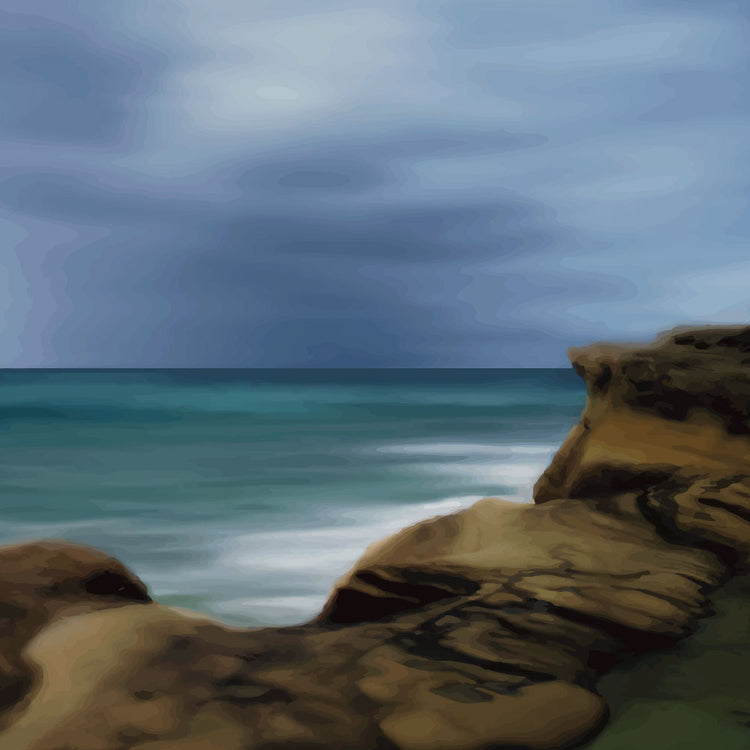 Moody seascape artwork of Castlepoint, with cliffs in the foreground and dark ocean under a brooding sky.