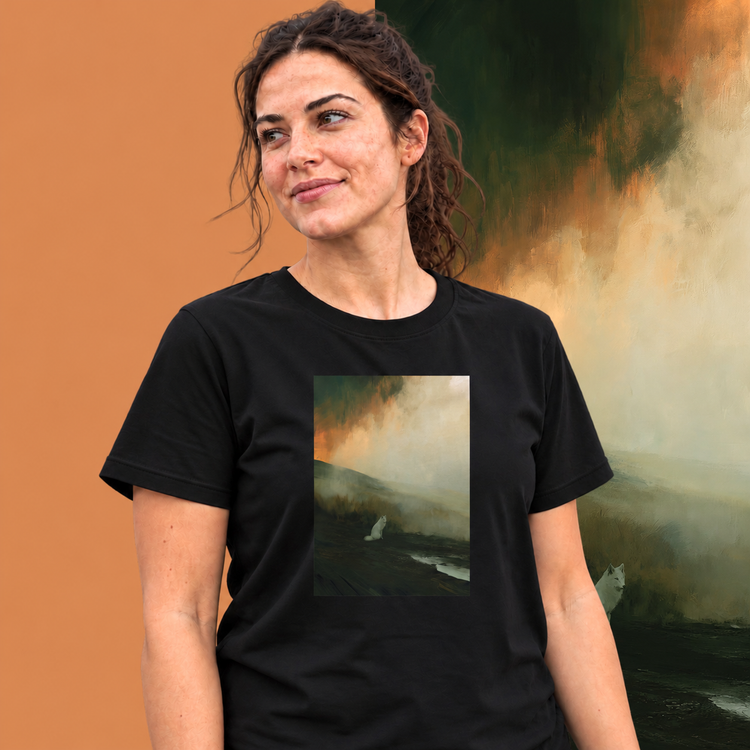 Model wearing the Copper graphic tee from the Blend Designs art series