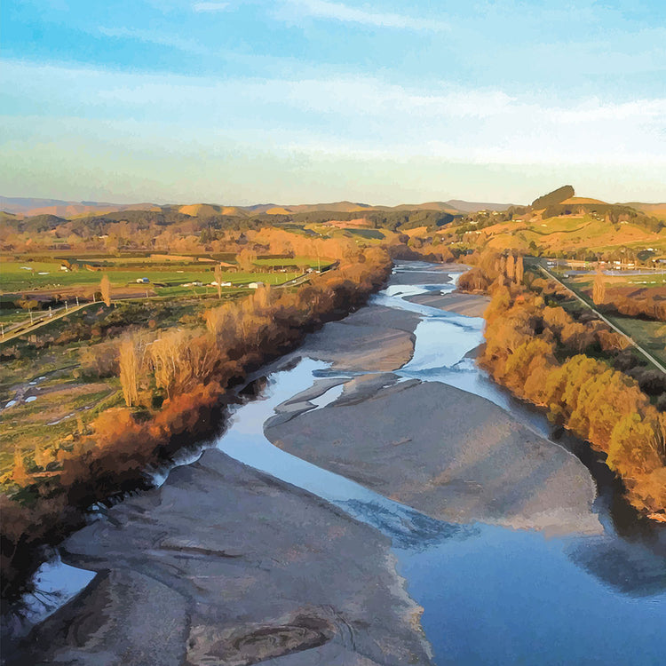 Aerial artwork of the Tukituki River winding through farmland, glowing in golden light with blue water reflections.