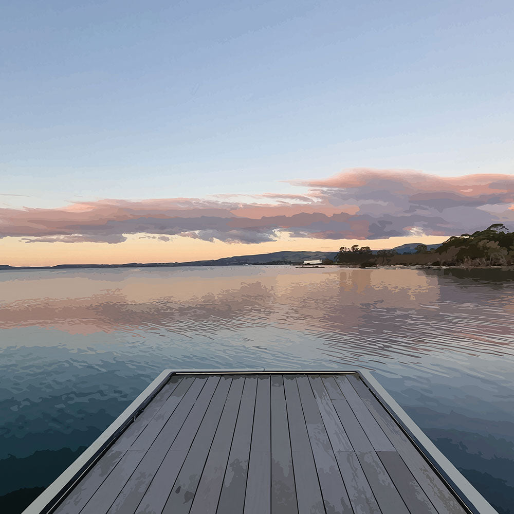 Jetty over Lake Rotorua at dusk with soft clouds and reflections in Echoes of the Lake by New Zealand designer Ben Hart.  Let me know if you'd like a full collection description for your Lake Rotorua series, or promo content for socials and email!