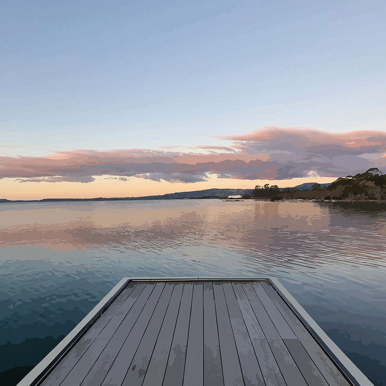 Jetty over Lake Rotorua at dusk with soft clouds and reflections in Echoes of the Lake by New Zealand designer Ben Hart.  Let me know if you'd like a full collection description for your Lake Rotorua series, or promo content for socials and email!