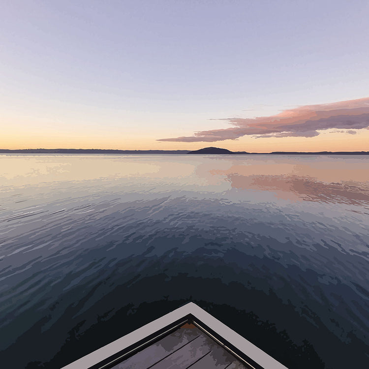 View from jetty over calm Lake Rotorua at sunset in the peaceful artwork Edge of Stillness by NZ designer Ben Hart.