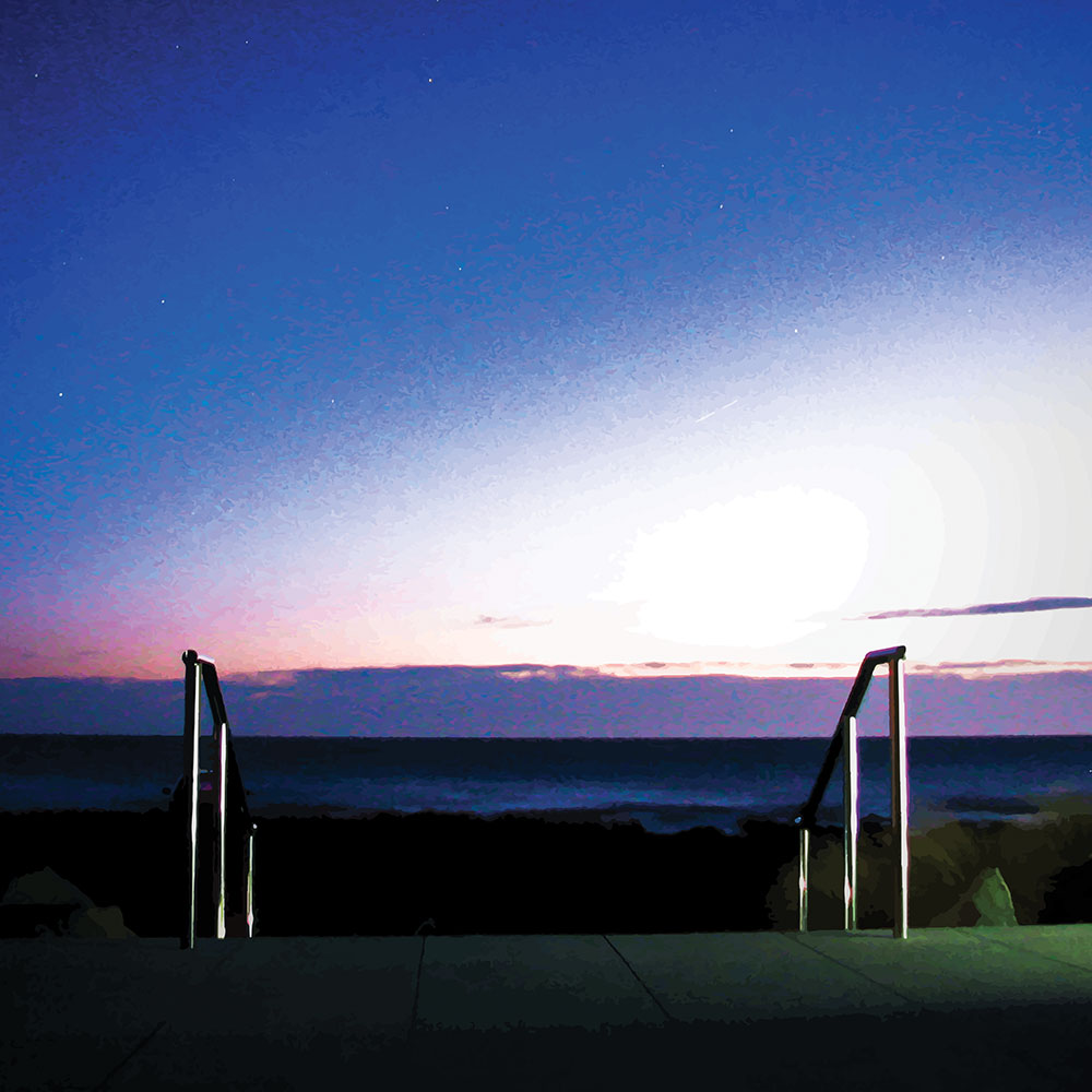 Artwork of Owhiro Bay at dusk with glowing horizon, sea, and steel railings leading into night.