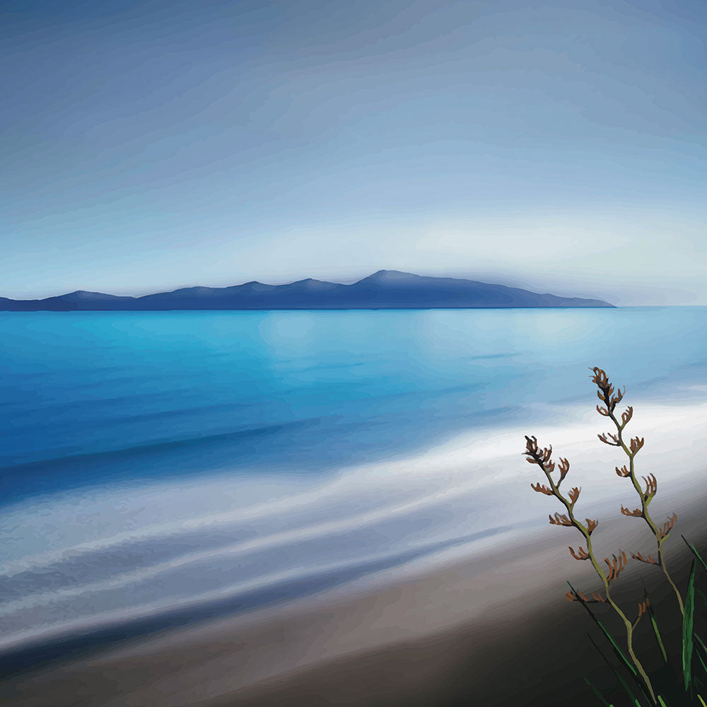 Kapiti Island with soft blue sea, gentle waves and native flax in the foreground.