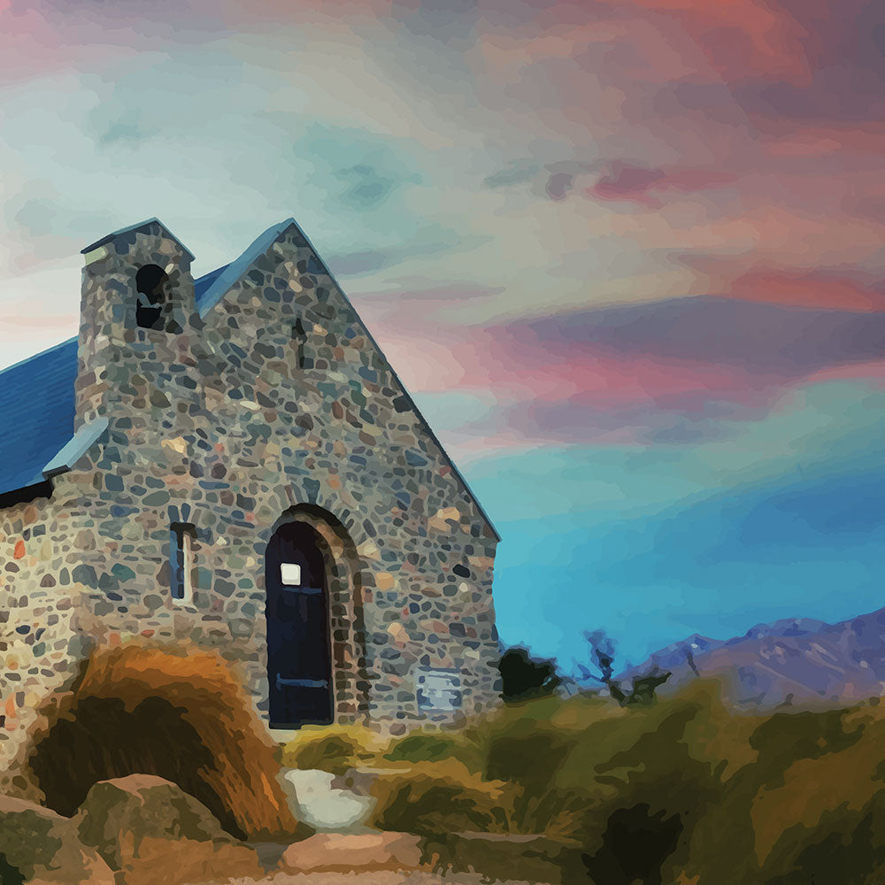 Stone church at Lake Tekapo under a pink and blue sky, with mountains in the background.