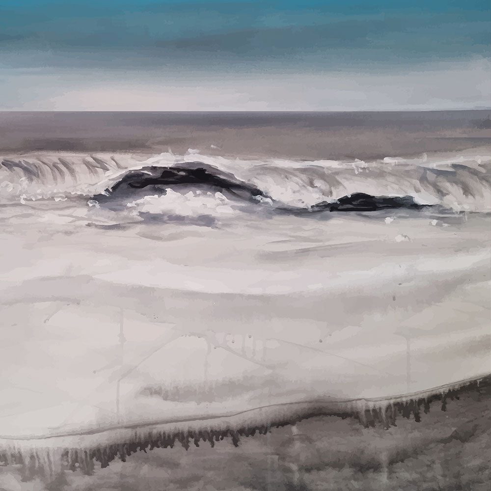 Moody seascape of waves breaking along Marine Parade in Hawke’s Bay, painted in muted greys and blues.