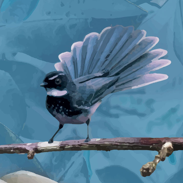 Artwork of a New Zealand pīwakawaka with its tail fanned wide, perched and alert with cool blue tones behind.