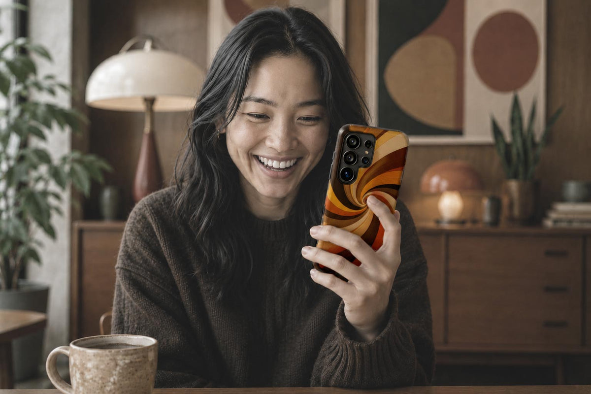 Retro Samsung phone cases with vintage colours and nostalgic and playful patterns