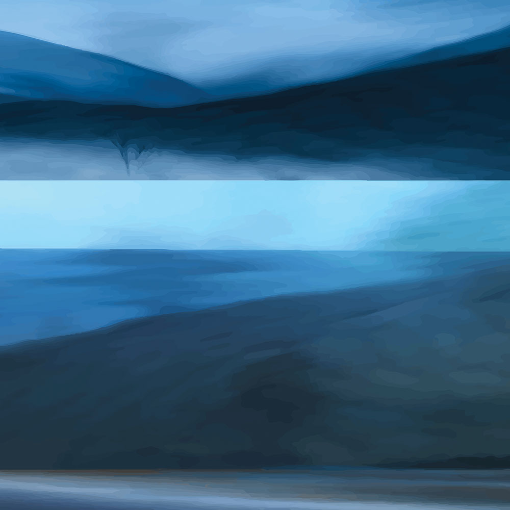 Layered blue seascape artwork with dark hills, water, and horizon in soft coastal tones.