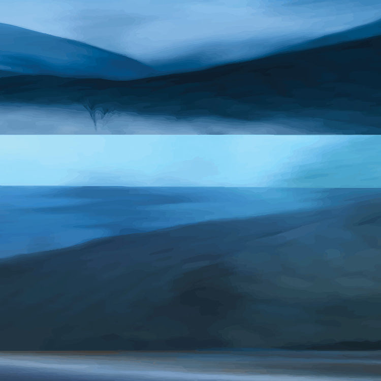 Layered blue seascape artwork with dark hills, water, and horizon in soft coastal tones.