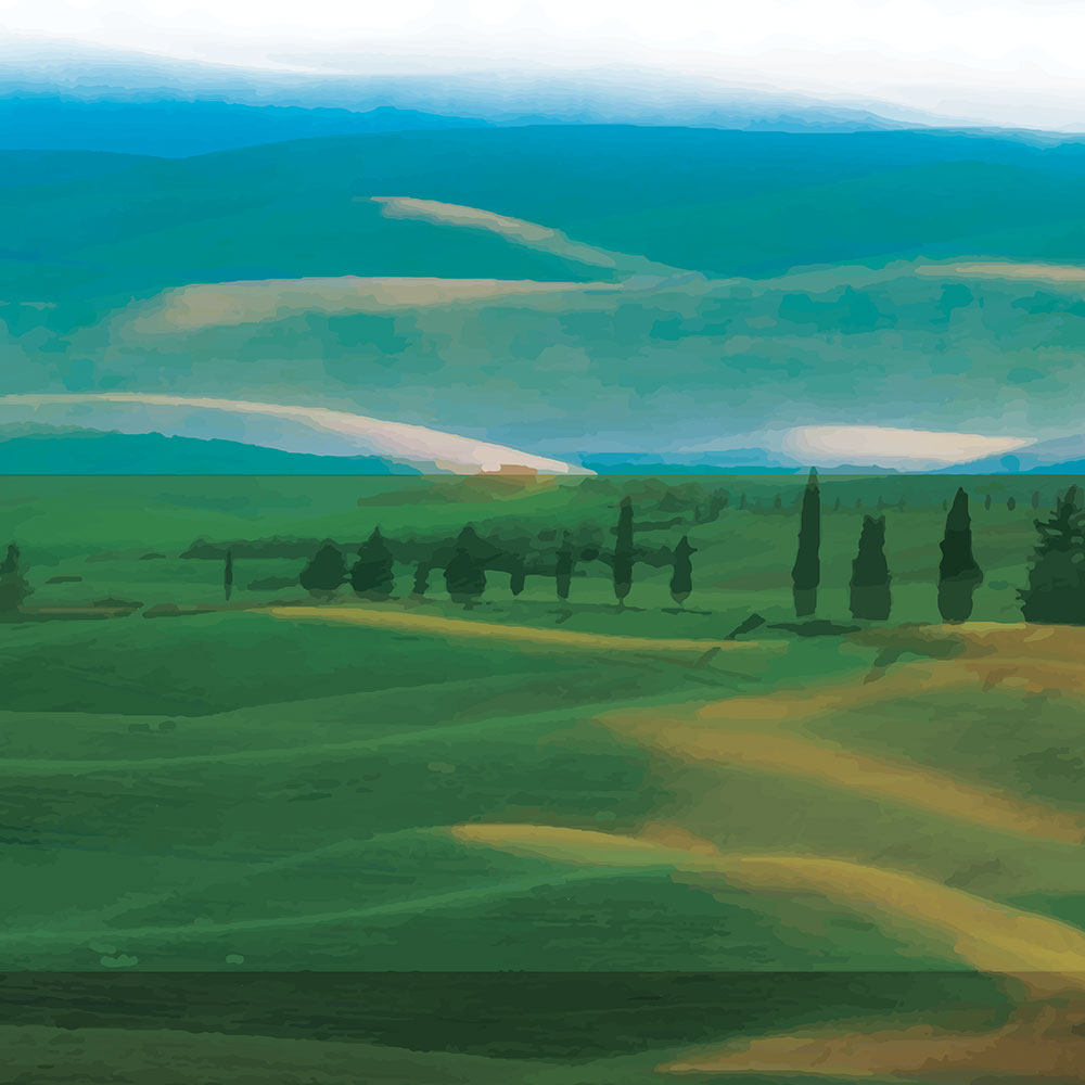 Artwork of rolling green hills and tall trees in soft golden light, evoking calm and quiet.