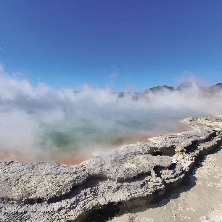 Steaming geothermal pool in Wai-O-Tapu, NZ, with green water and vivid edges in the artwork Thermal Waters by Ben Hart.
