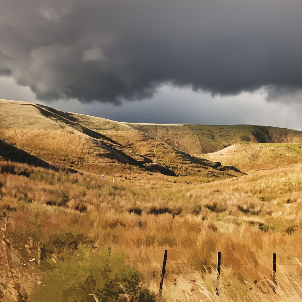 Golden Hawke’s Bay hills beneath dark clouds in a nostalgic NZ landscape artwork titled Trip Home by Ben Hart.