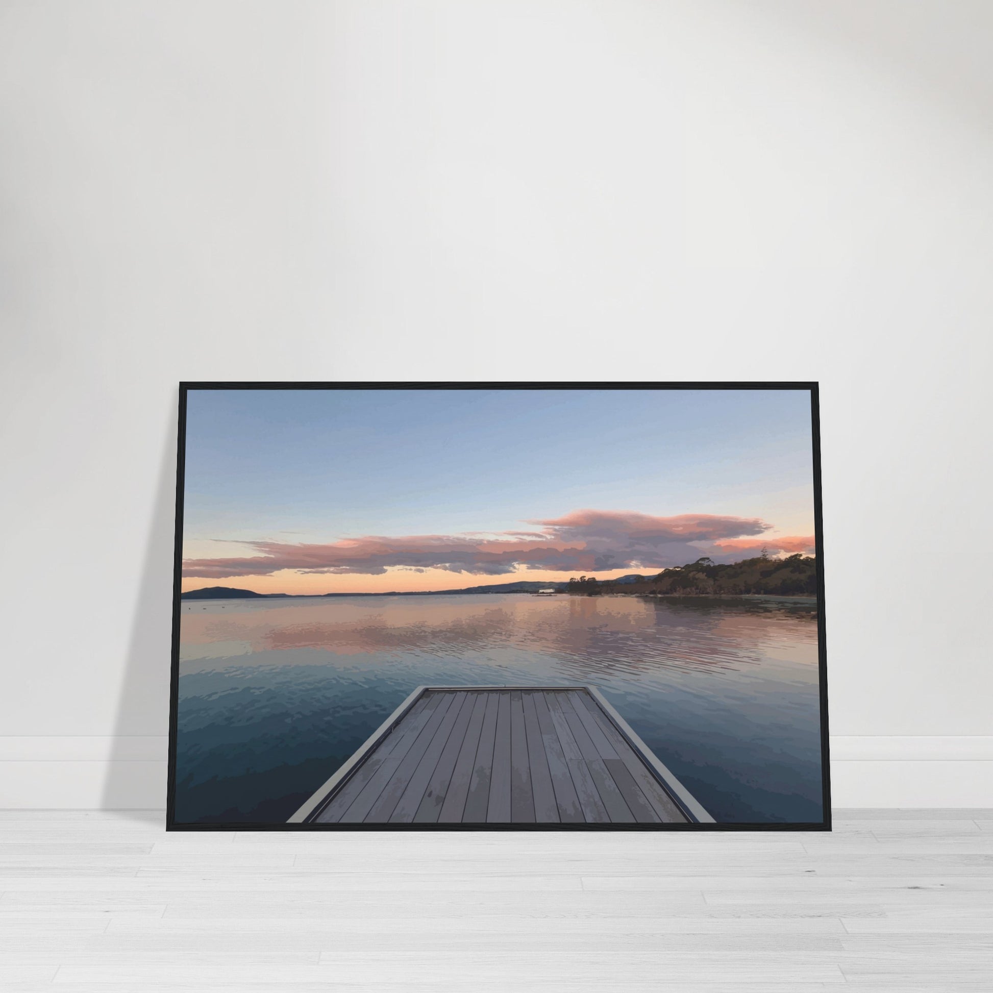 Jetty over Lake Rotorua at dusk with soft clouds and reflections in Echoes of the Lake by New Zealand designer Ben Hart.