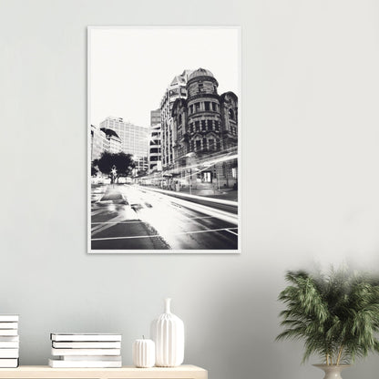 Wellington’s Public Trust Building in bold black and white with city light trails in Public Trust by NZ designer Ben Hart.
