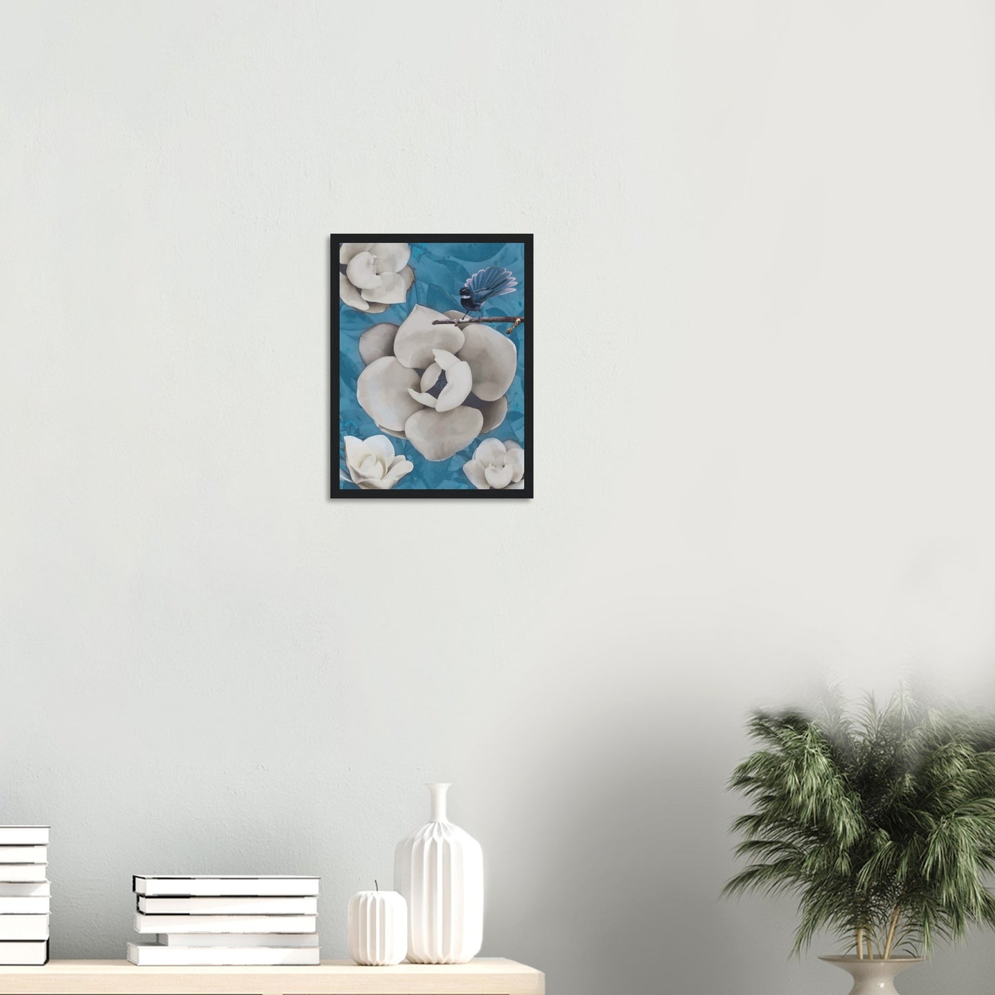 Artwork of a New Zealand pīwakawaka with its tail fanned wide, perched and alert with cool blue tones behind.