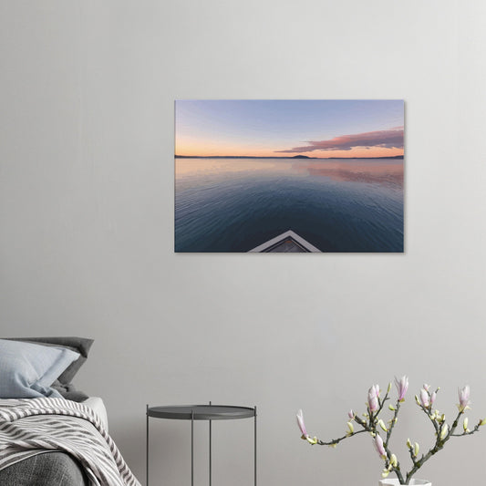 View from jetty over calm Lake Rotorua at sunset in the peaceful artwork Edge of Stillness by NZ designer Ben Hart.